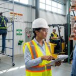 Safety manager reviewing checklist on tablet with workers wearing PPE scaffolding with fall protection and a forklift operating in a warehouse demonstrating OSHA compliance practices