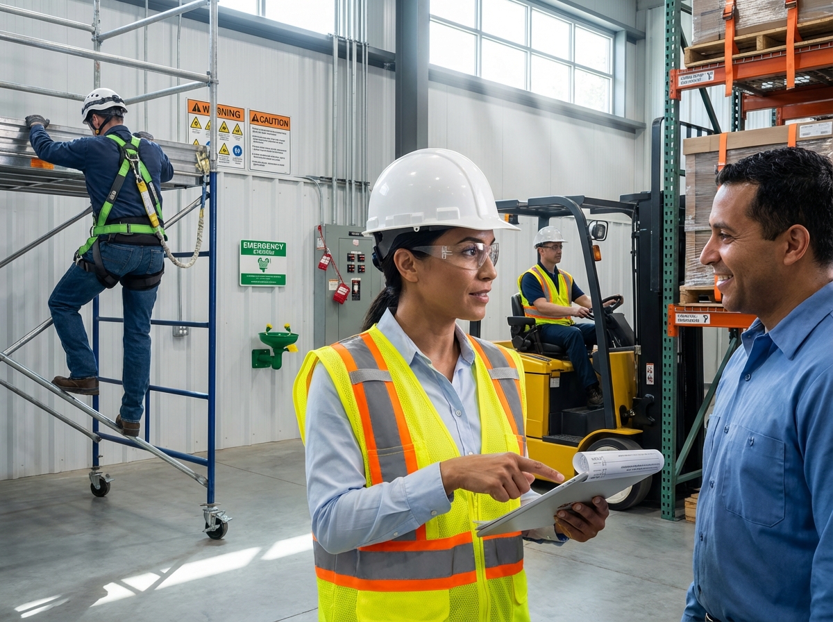 Safety manager reviewing checklist on tablet with workers wearing PPE scaffolding with fall protection and a forklift operating in a warehouse demonstrating OSHA compliance practices