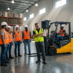Warehouse trainer showing forklift pre-shift inspection checklist to operators wearing PPE beside a parked forklift