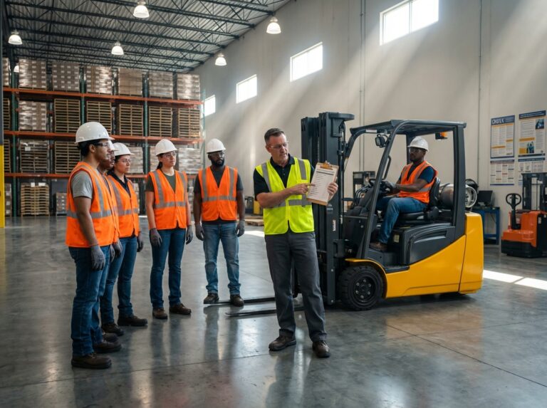 Warehouse trainer showing forklift pre-shift inspection checklist to operators wearing PPE beside a parked forklift