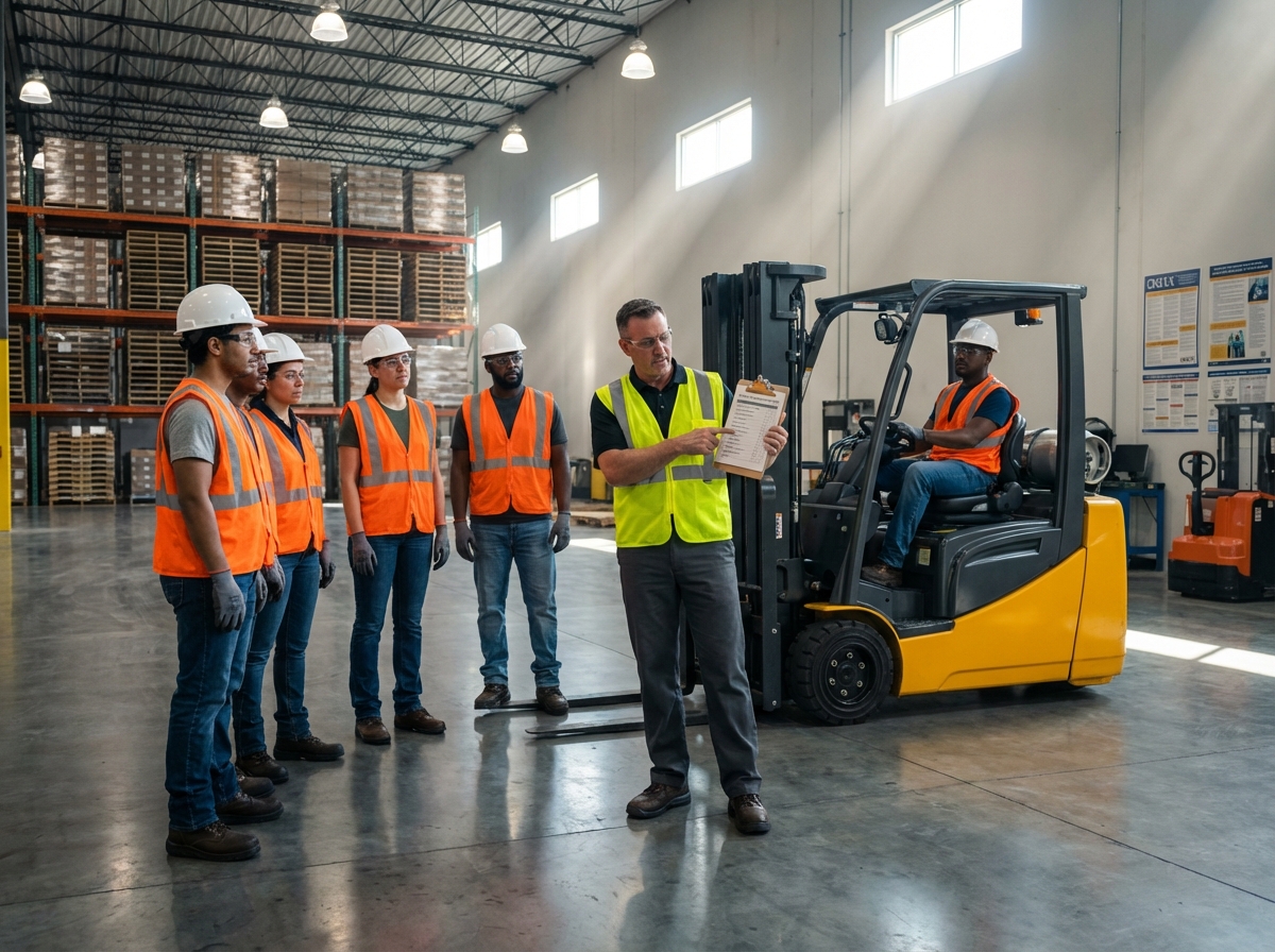 Warehouse trainer showing forklift pre-shift inspection checklist to operators wearing PPE beside a parked forklift