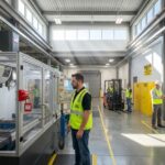 Manufacturing plant floor with workers in PPE, machine guarding, lockout tagout on a machine, forklift in background, and a safety officer inspecting with a clipboard