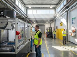 Manufacturing plant floor with workers in PPE, machine guarding, lockout tagout on a machine, forklift in background, and a safety officer inspecting with a clipboard