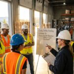 Diverse industrial crew in PPE gathered around a supervisor holding a clipboard for a toolbox talk in a warehouse