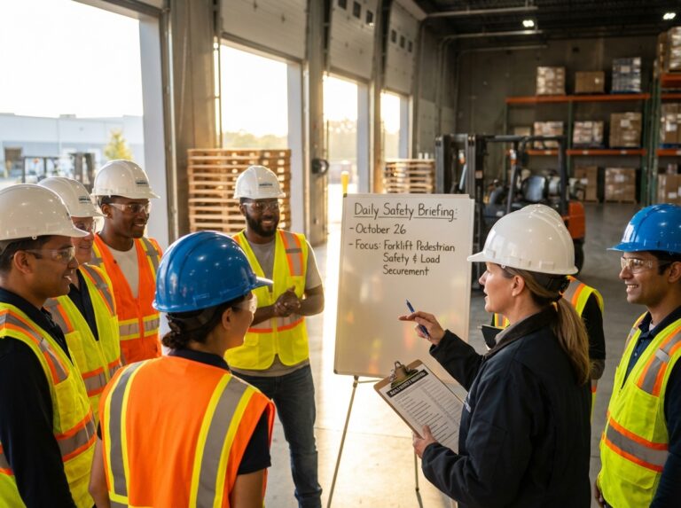 Diverse industrial crew in PPE gathered around a supervisor holding a clipboard for a toolbox talk in a warehouse