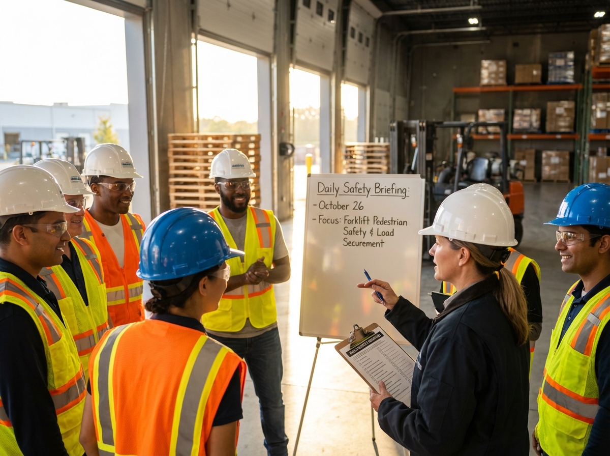 Diverse industrial crew in PPE gathered around a supervisor holding a clipboard for a toolbox talk in a warehouse