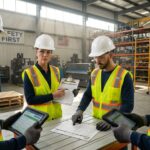 Industrial safety team reviewing a Job Safety Analysis form on clipboard and tablet while wearing PPE in a plant environment