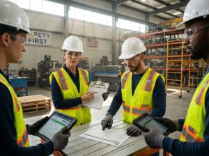 Industrial safety team reviewing a Job Safety Analysis form on clipboard and tablet while wearing PPE in a plant environment