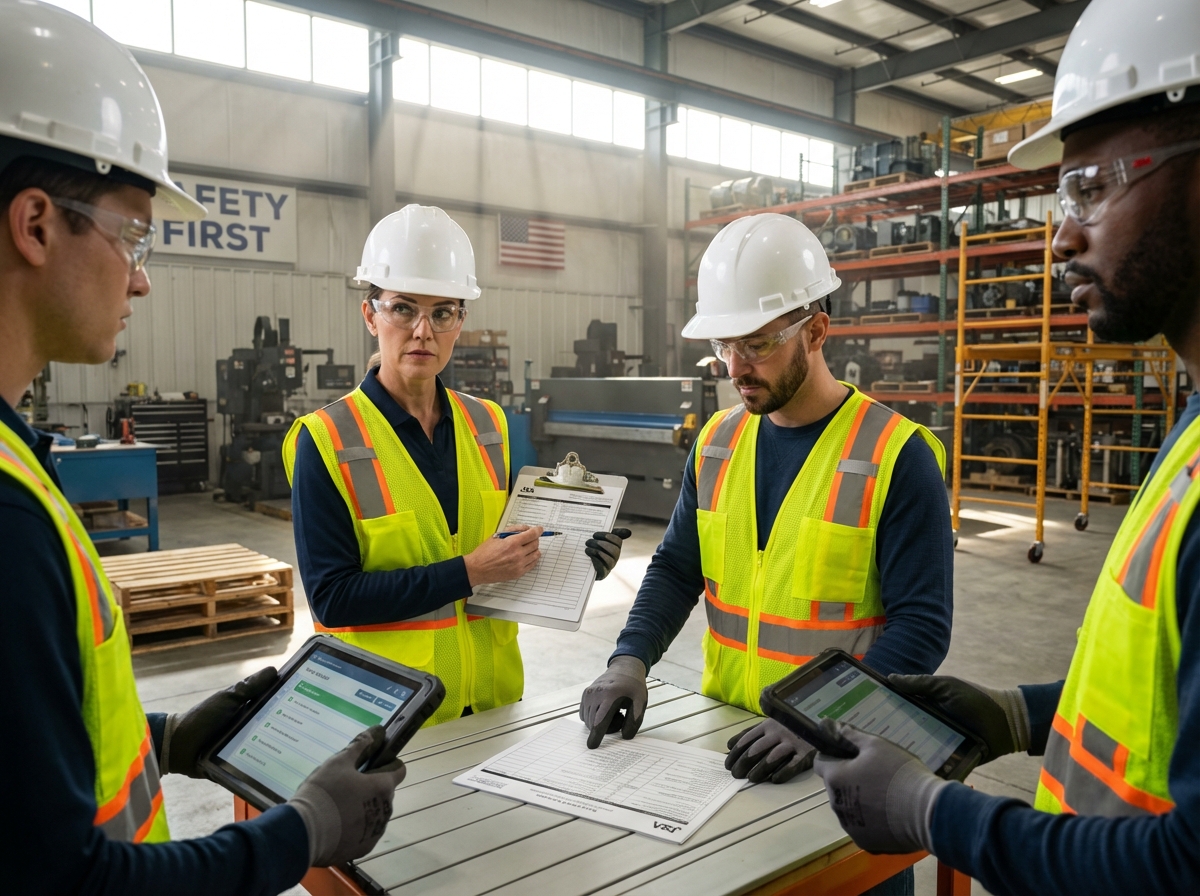Industrial safety team reviewing a Job Safety Analysis form on clipboard and tablet while wearing PPE in a plant environment