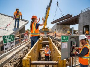 Construction workers wearing PPE addressing fall protection, crane lift, trench box inspection, and electrical safety on a daylight jobsite