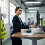 Industrial manager adjusting an ergonomic sit-stand workstation in a plant office with dual monitors, task chair, anti-fatigue mat, clipboard checklist, and high-visibility vest in the background