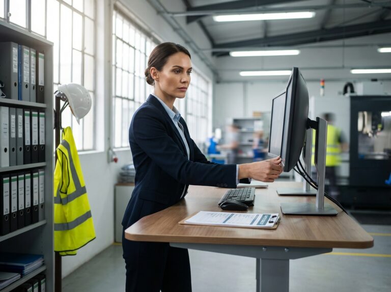Industrial manager adjusting an ergonomic sit-stand workstation in a plant office with dual monitors, task chair, anti-fatigue mat, clipboard checklist, and high-visibility vest in the background