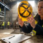 Safety manager inspecting a yellow hard hat showing date marking and suspension straps with an inspection checklist on a clipboard in a warehouse setting