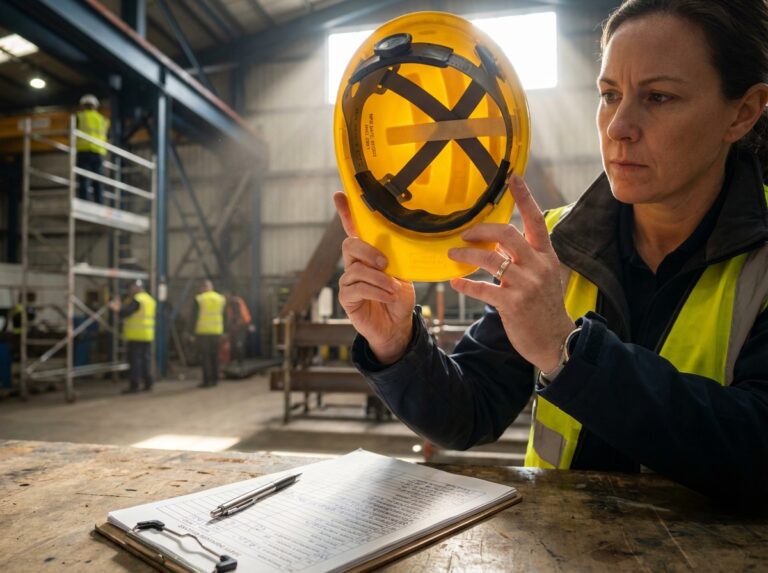 Safety manager inspecting a yellow hard hat showing date marking and suspension straps with an inspection checklist on a clipboard in a warehouse setting