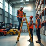 Workers in warehouse using a secured fiberglass extension ladder at correct angle with PPE supervisor checking inspection checklist
