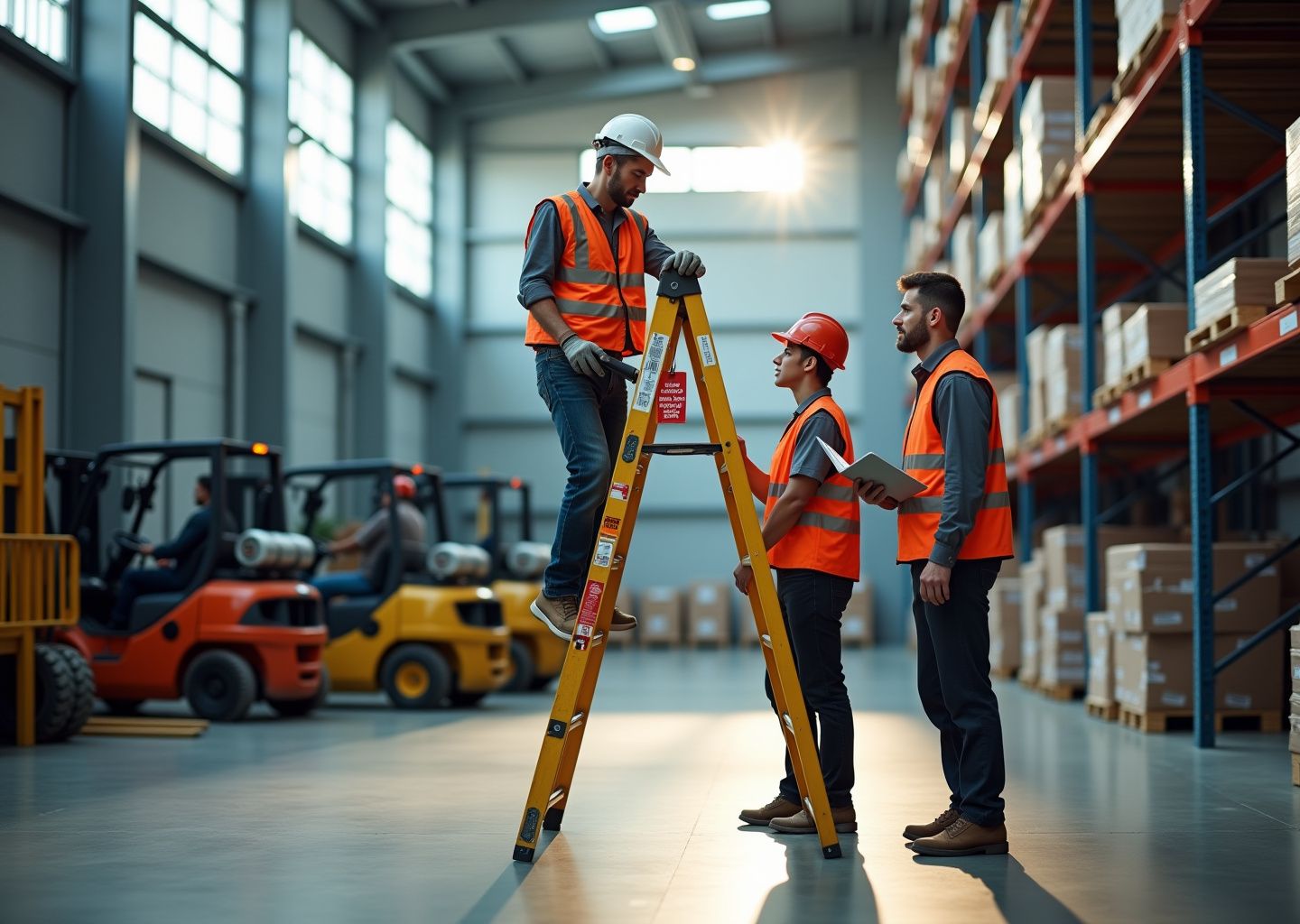 Workers in warehouse using a secured fiberglass extension ladder at correct angle with PPE supervisor checking inspection checklist