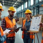 Diverse warehouse workers wearing PPE engaged in a toolbox talk with a supervisor holding a tablet and a safety poster visible