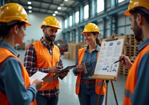 Diverse warehouse workers wearing PPE engaged in a toolbox talk with a supervisor holding a tablet and a safety poster visible