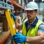 Worker in PPE securing a fiberglass extension ladder with stabilizer and top tie off in an industrial warehouse near mezzanine and pallet racking