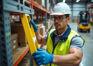 Worker in PPE securing a fiberglass extension ladder with stabilizer and top tie off in an industrial warehouse near mezzanine and pallet racking