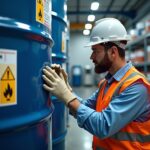 Worker in PPE inspecting a large chemical drum with visible GHS hazard label in an industrial warehouse, SDS binder on nearby table