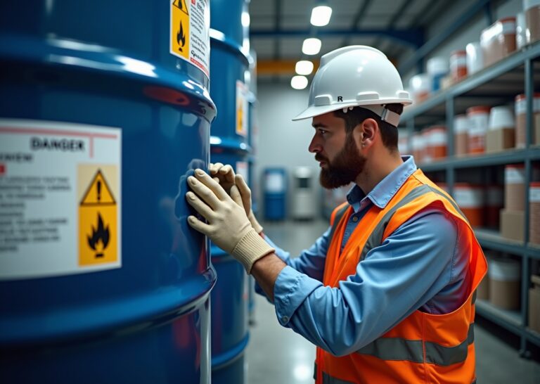 Worker in PPE inspecting a large chemical drum with visible GHS hazard label in an industrial warehouse, SDS binder on nearby table