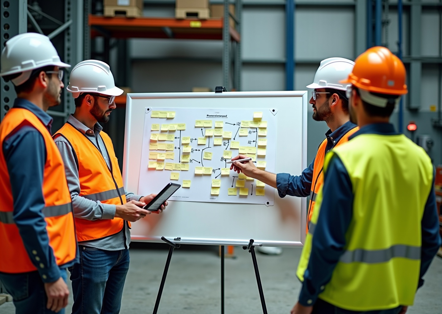 Industrial safety team in PPE collaborating at a whiteboard with a fishbone diagram and a flipchart listing 5 Whys in a plant or warehouse setting