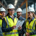 Safety manager reviewing a training matrix with workers in PPE inside a warehouse showing OSHA poster and a laptop with a training dashboard