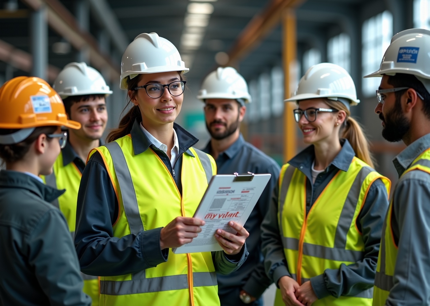 Safety manager reviewing a training matrix with workers in PPE inside a warehouse showing OSHA poster and a laptop with a training dashboard