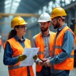 Safety team conducting a job hazard analysis on site with clipboard checklist and workers in PPE at an industrial facility