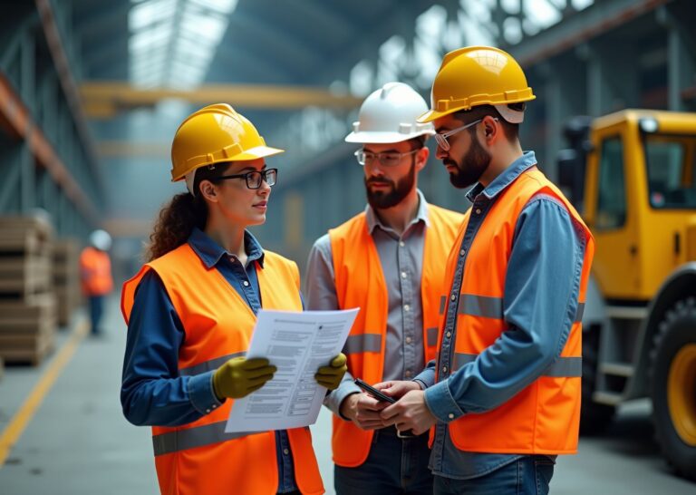 Safety team conducting a job hazard analysis on site with clipboard checklist and workers in PPE at an industrial facility