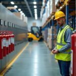 Industrial worker inspecting mounted fire extinguishers of different classes in a warehouse aisle with visible signage and shelving in the background
