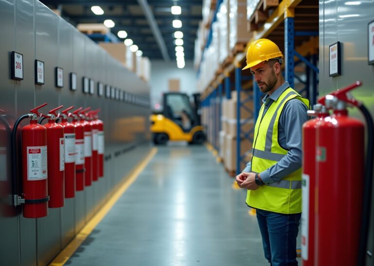 Industrial worker inspecting mounted fire extinguishers of different classes in a warehouse aisle with visible signage and shelving in the background