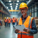 Safety manager reviewing checklist with workers in PPE near machine guards and ventilation in an industrial site