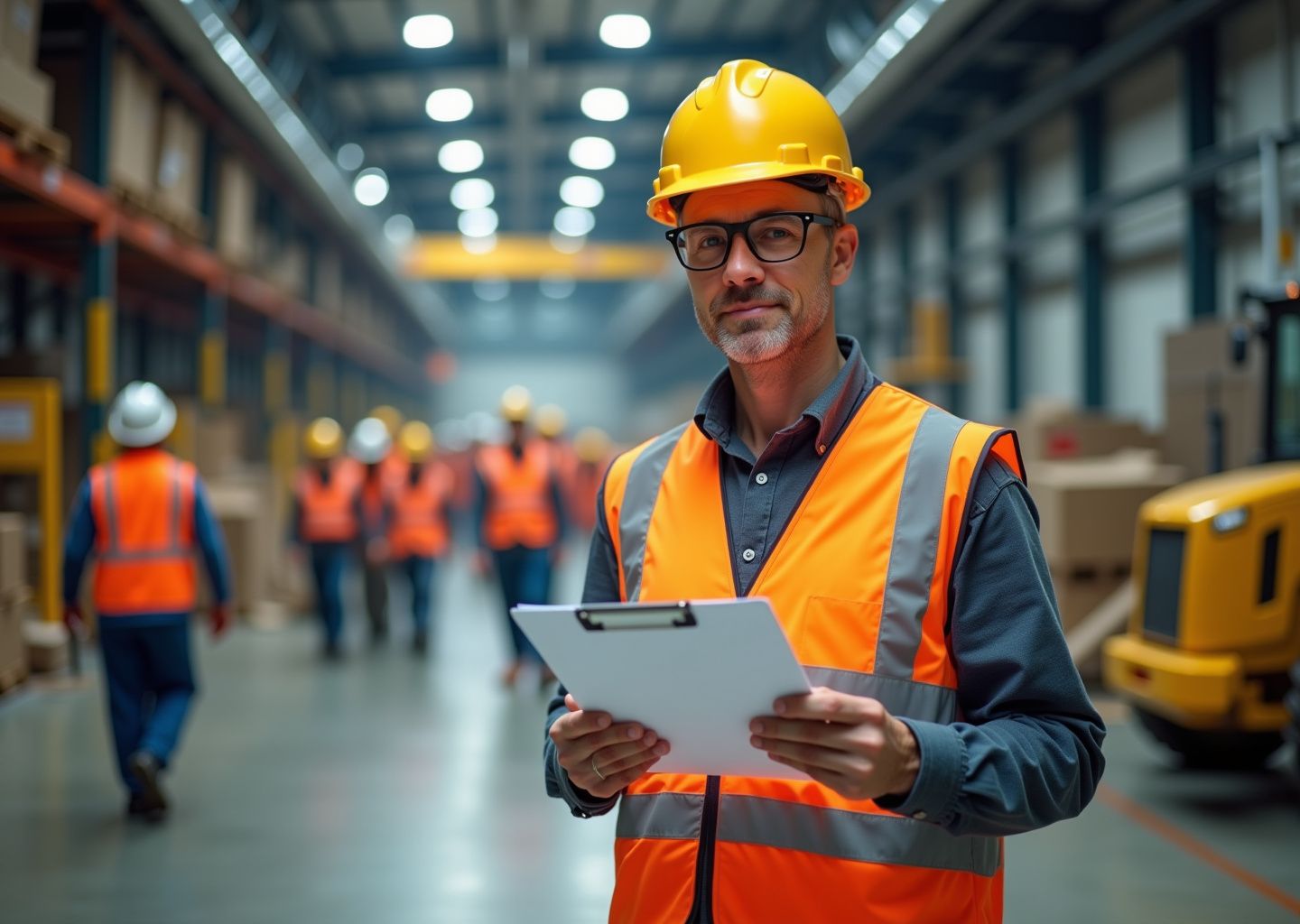 Safety manager reviewing checklist with workers in PPE near machine guards and ventilation in an industrial site